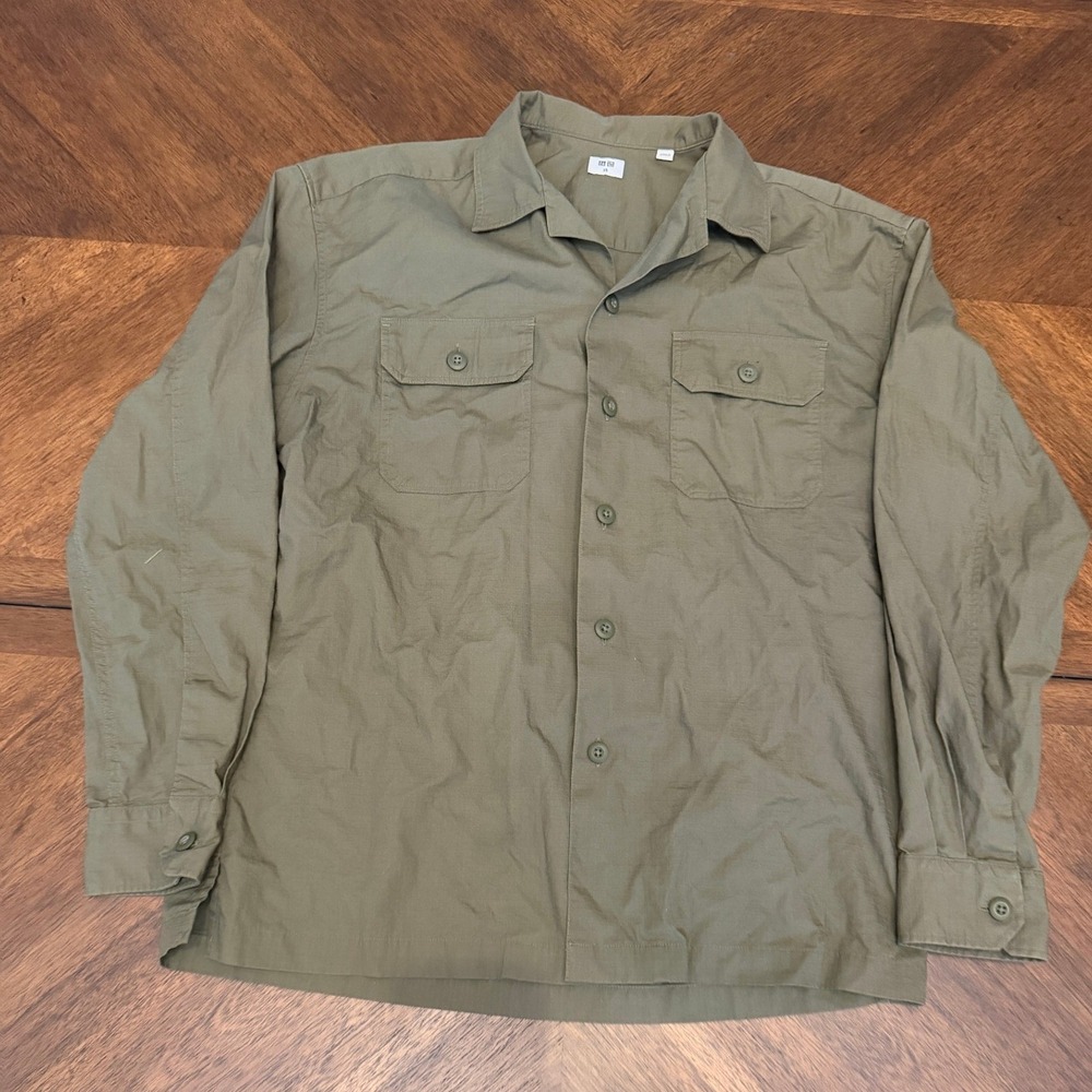 Uniqlo Mens XS Olive Green Ripstop Long Sleeve Utility Shirt Button Down Jacket